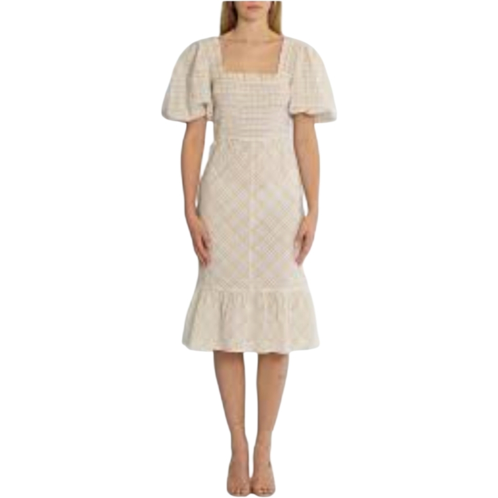 Ganni Checkered Seersucker Shirred Midi Dress